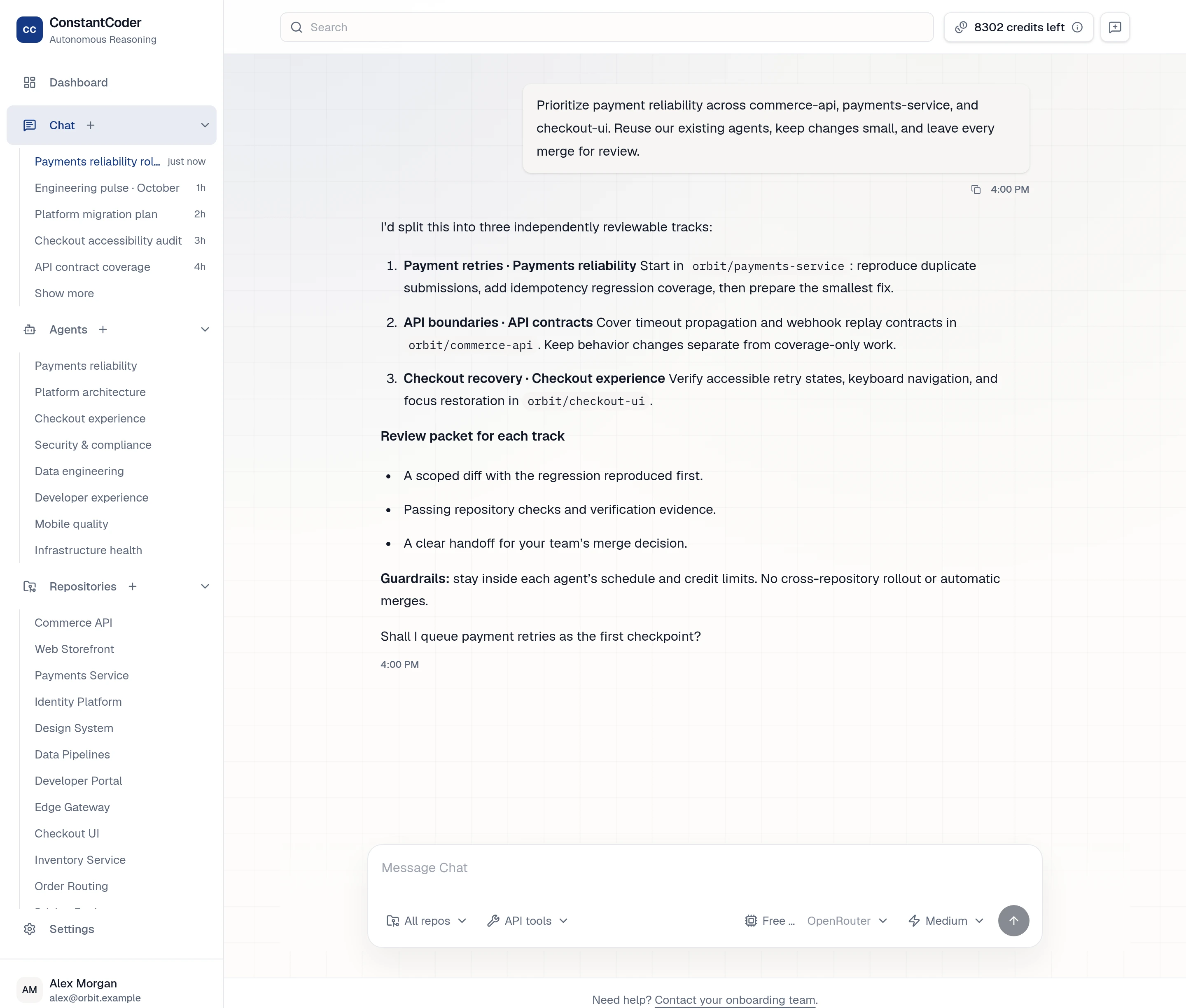 Example conversation planning payment reliability work across three repositories with existing specialized agents, scoped checkpoints, and human merge review. Expanded workspace navigation is visible.
