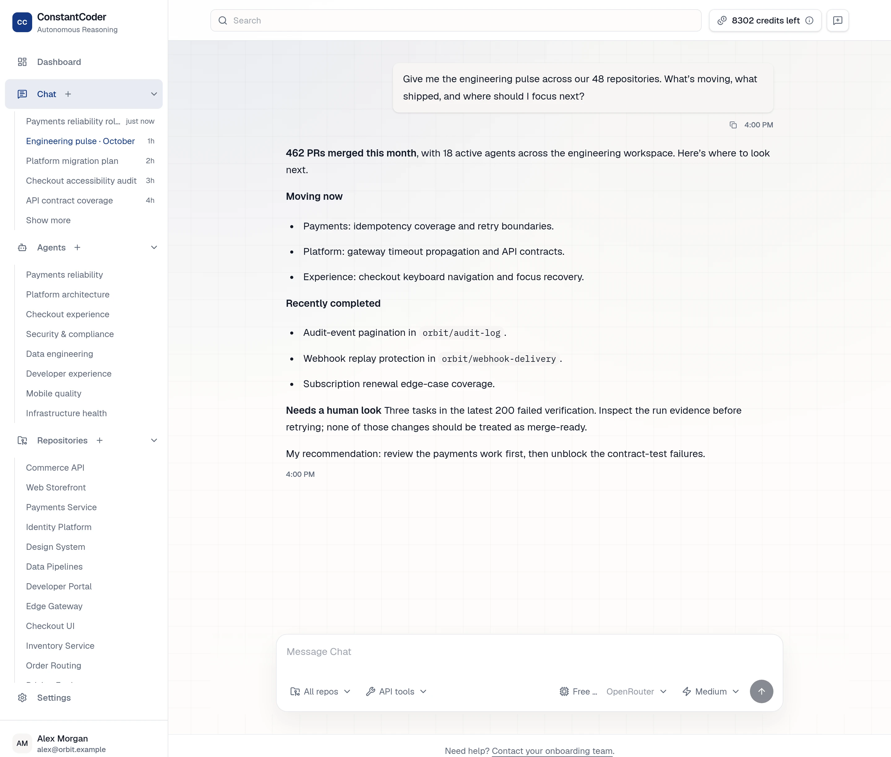 Example engineering update across 48 repositories, with monthly PR output, work in progress, completed changes, and verification failures needing human attention. Illustrative conversation.